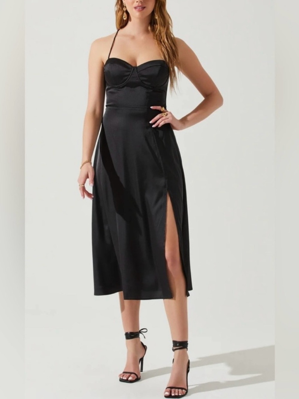 ASTR The Label Gala Black Bustier Satin Midi Dress, Size Large
